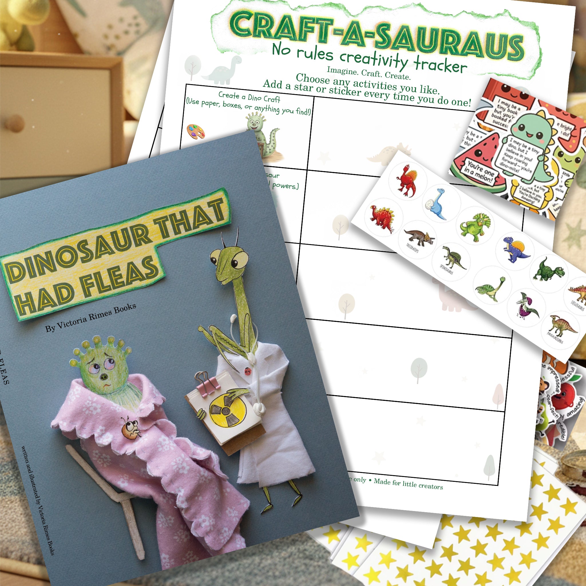 DELUXE PACK: Dinosaur That Had Fleas, signed by author plus Craft-a-Saurus Activity pack